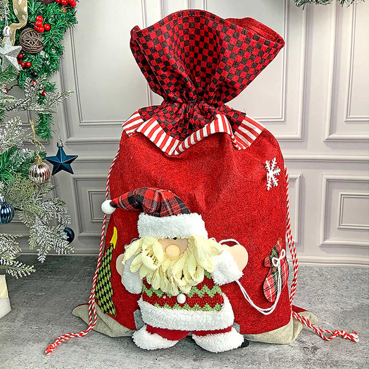 Handmade Santa Red & Grey Checks Plush Fabric Gift Sacks For Christmas Decoration