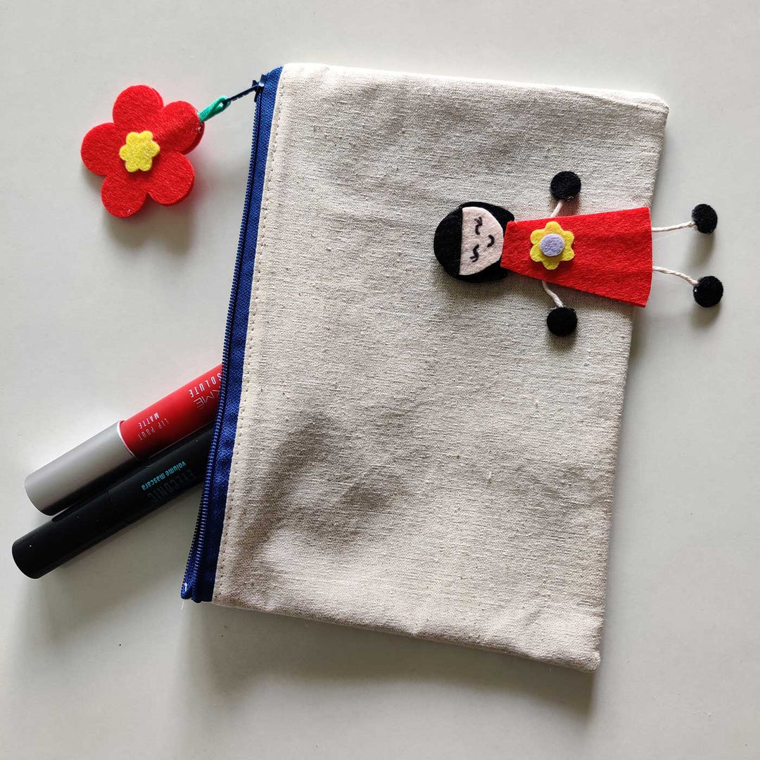 Handmade Red Flower & Doll Cotton Pouch