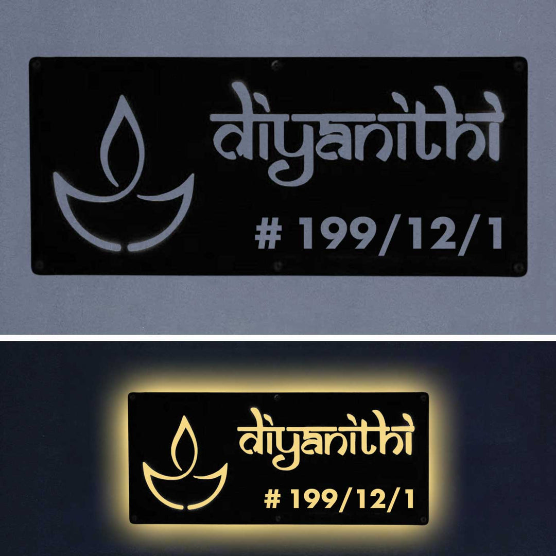 Personalized Waterproof Diya Design Laser Cut Metal LED Name Plate