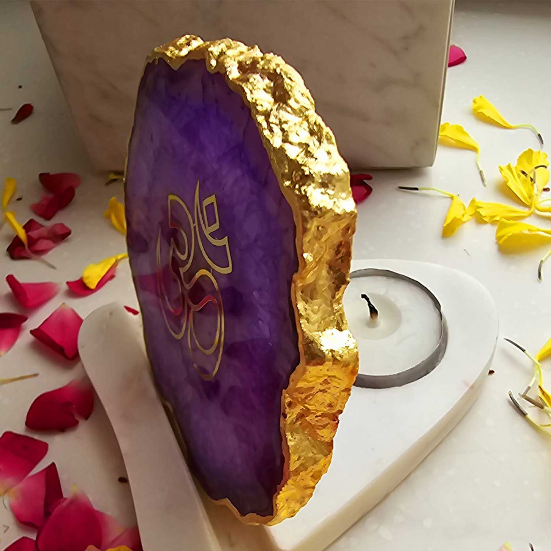 Handmade Purple Om Agate Decor With Marble Tea Light Holder