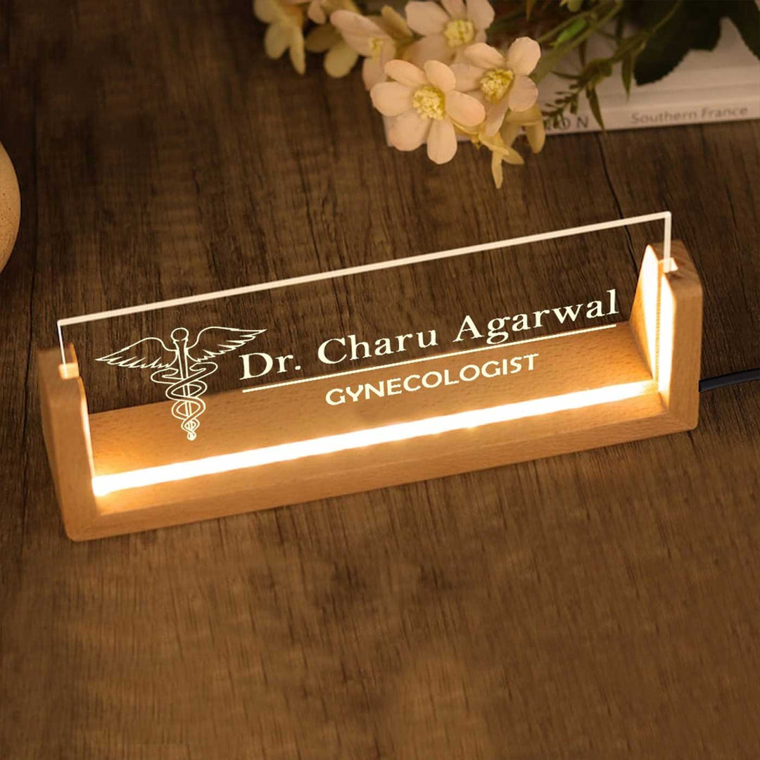 Personalized Doctor Sleek Glass Desk Nameplate With LED Light