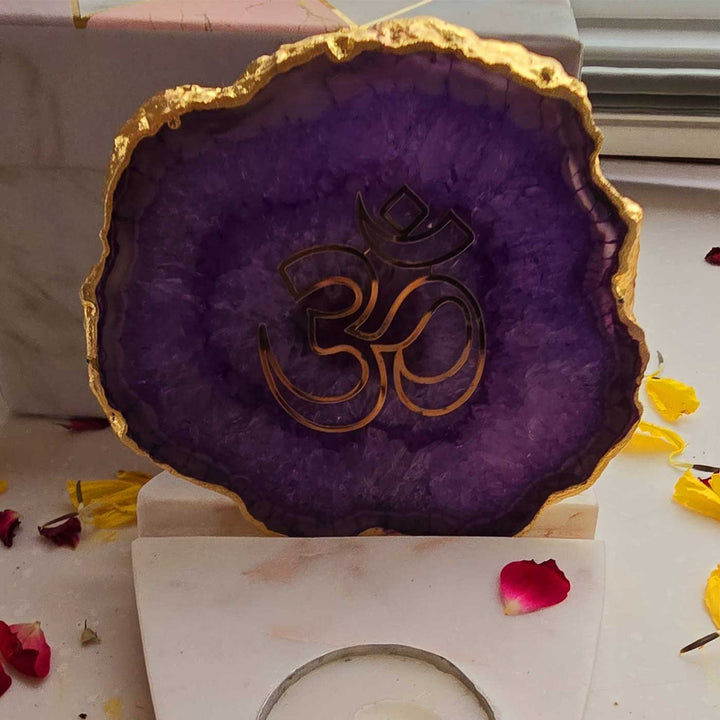 Handmade Purple Om Agate Decor With Marble Base Tea Light Holder