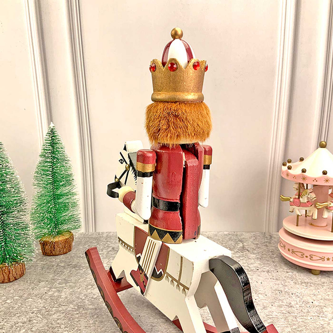 Maroon Rocking Horse Nutcracker Self-Standing Wooden Decor For Christmas Table Decoration