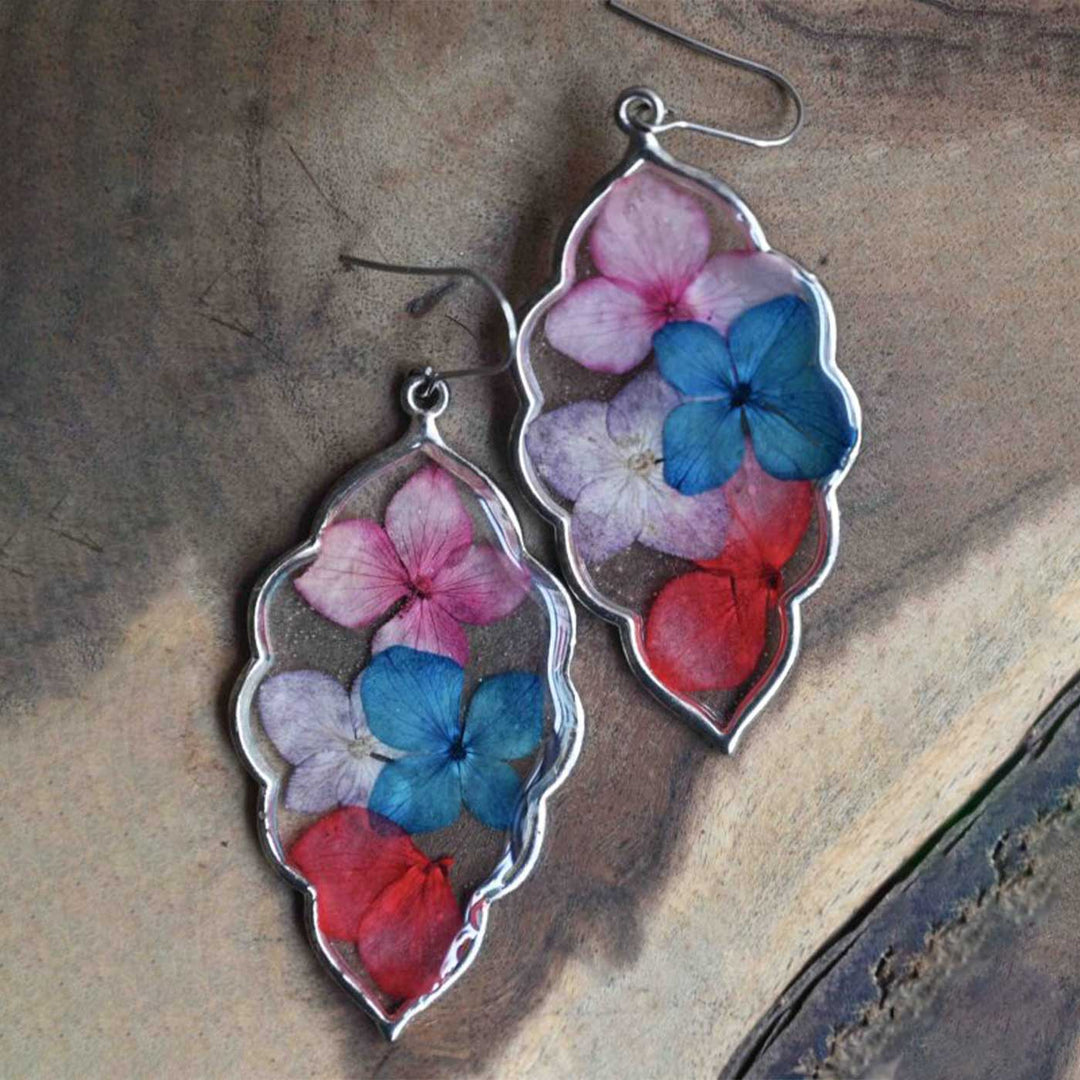 Handmade Preserved Flower Multicolour Hydrangea Moroccan Brass Earrings