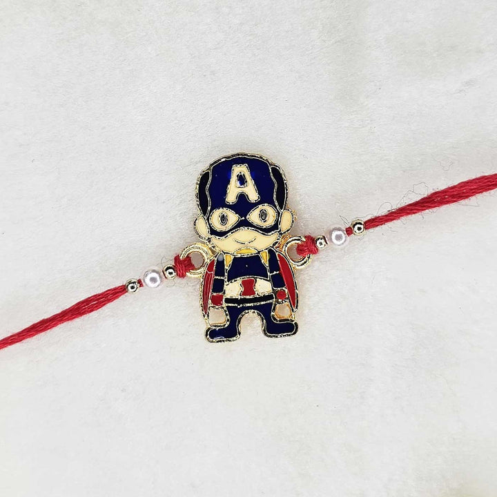 Handmade Captian America Metal Kids Rakhi With Roli Chawal