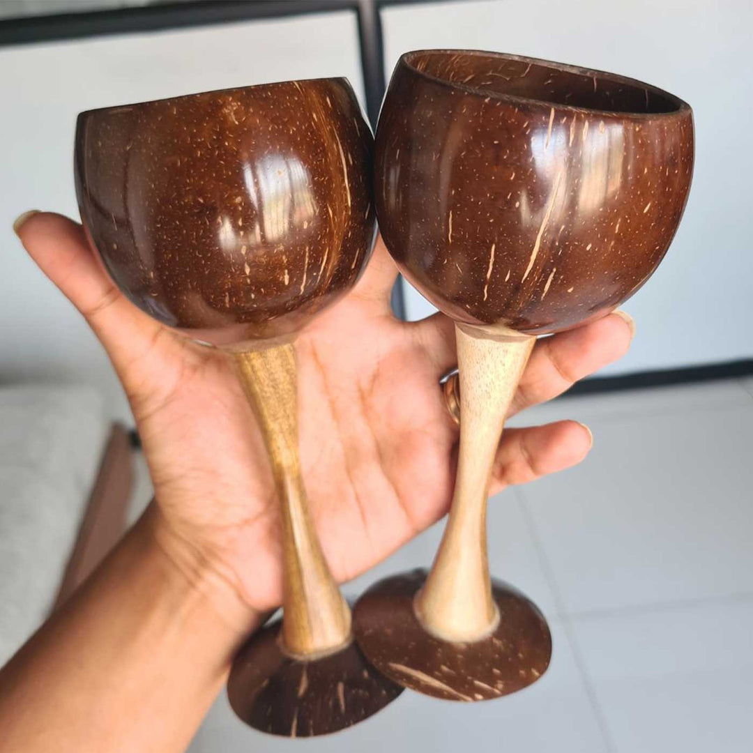 Eco-Friendly Handmade Wooden Coconut Shell Wine Glass | Set of 2