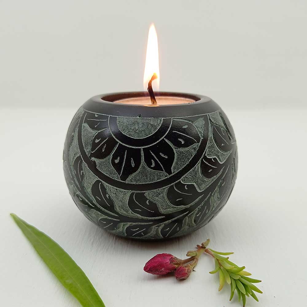 Handmade Black Aala Round Shape Candle Holder | Set of 2