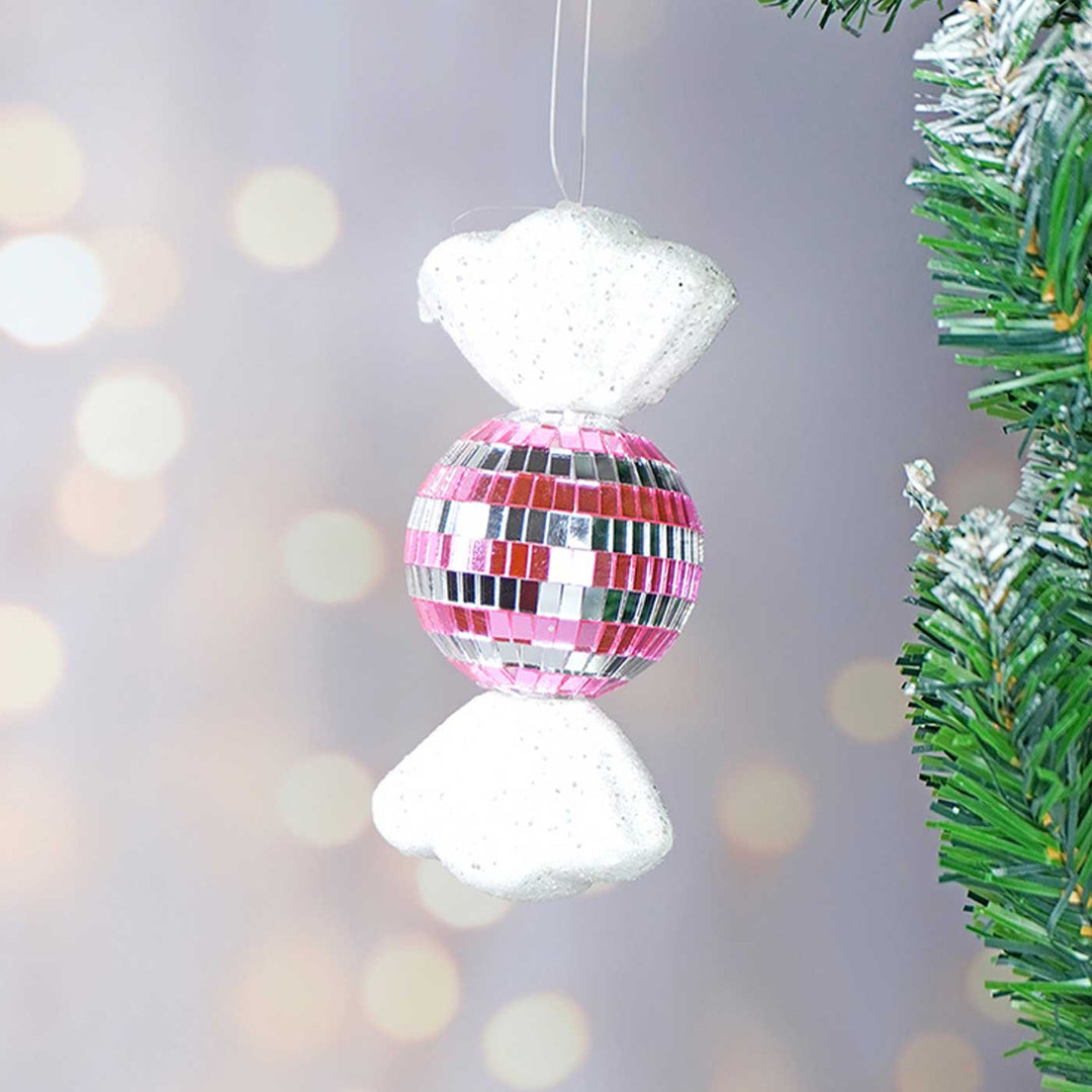 Handmade Pink Shiny Disco Themed Candy Shaped Ornaments For Christmas Tree Decoration | Set Of 4