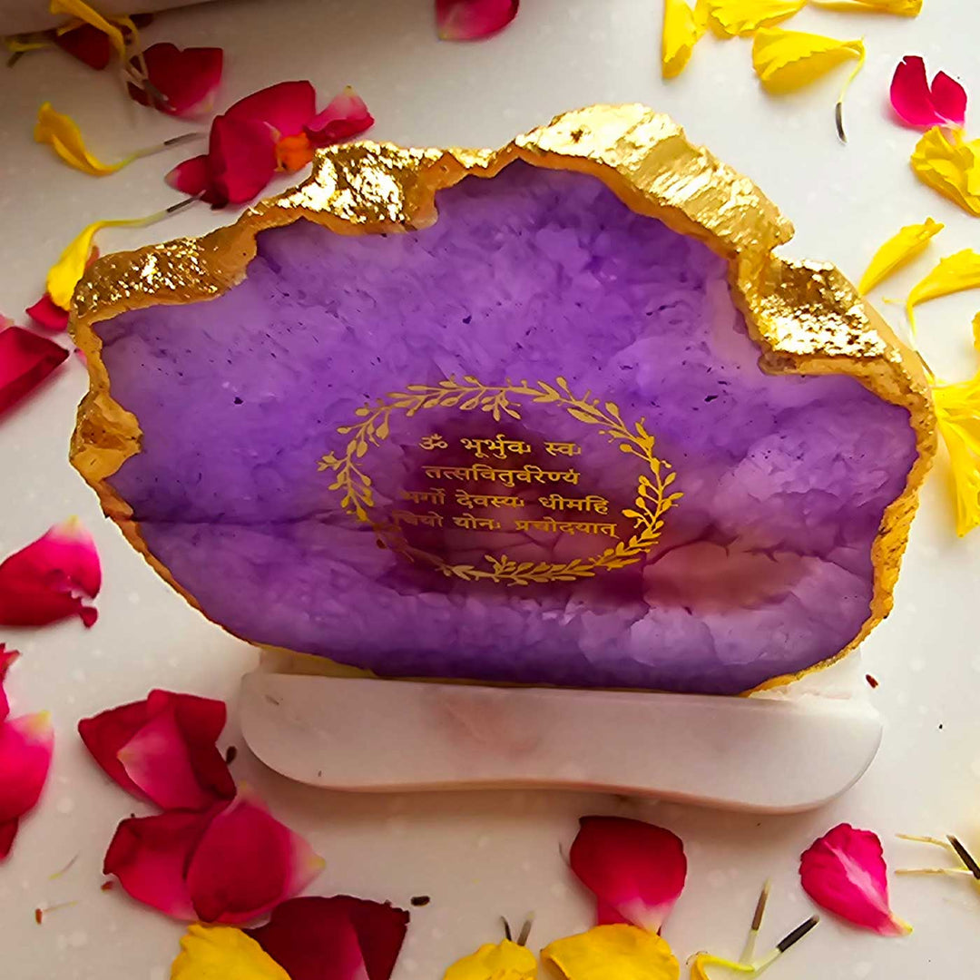 Handmade Purple Gayatri Mantra Agate Decor With Marble Base Tea Light Holder