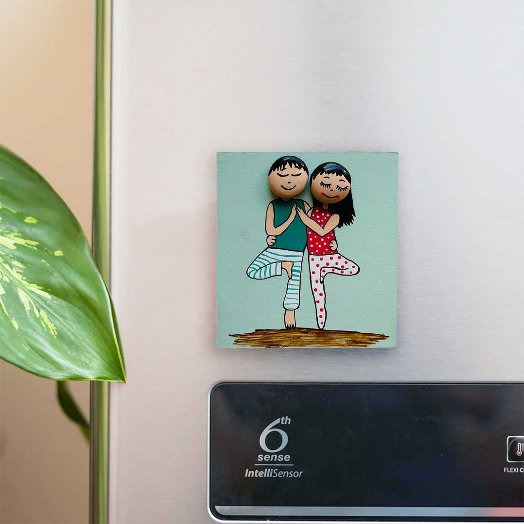 Hand-Painted Pebble Art Cute Yoga Couple Wooden Fridge Magnet