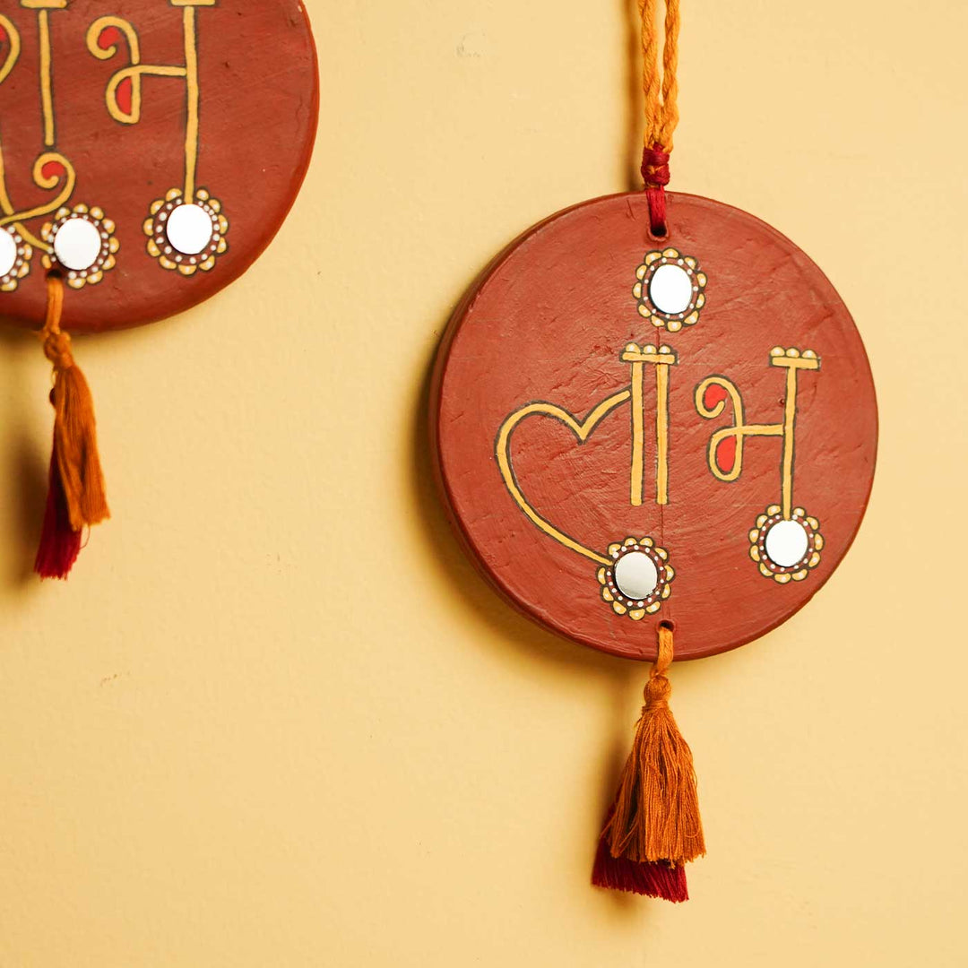 Handmade Brown Shubh - Labh Terracotta Hanging | Set Of 2