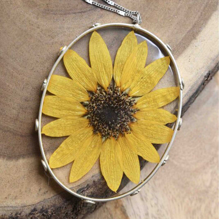 Handmade Preserved Sunflower Statement Brass Necklace