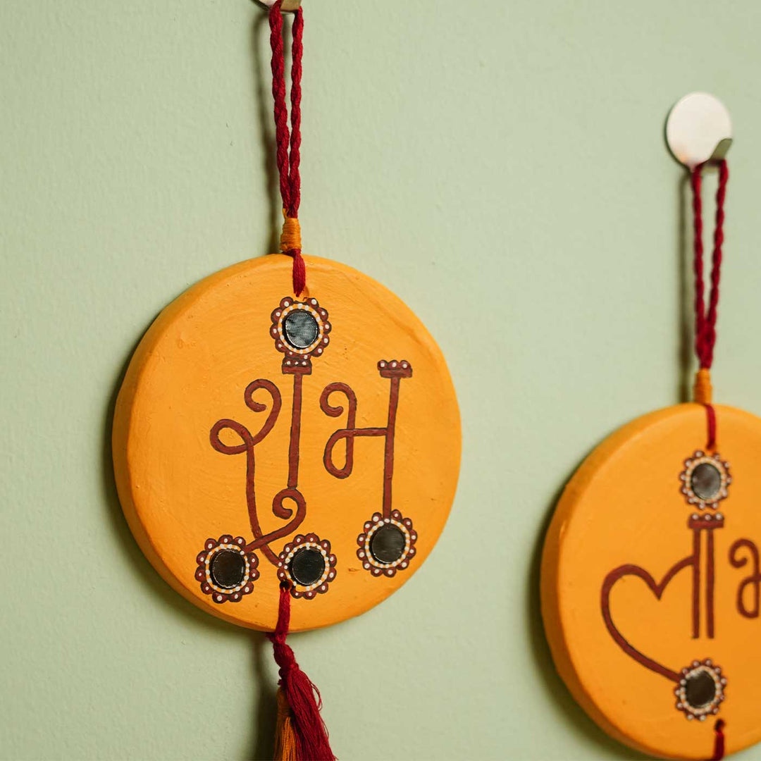 Handmade Yellow Shubh - Labh Terracotta Hanging | Set Of 2