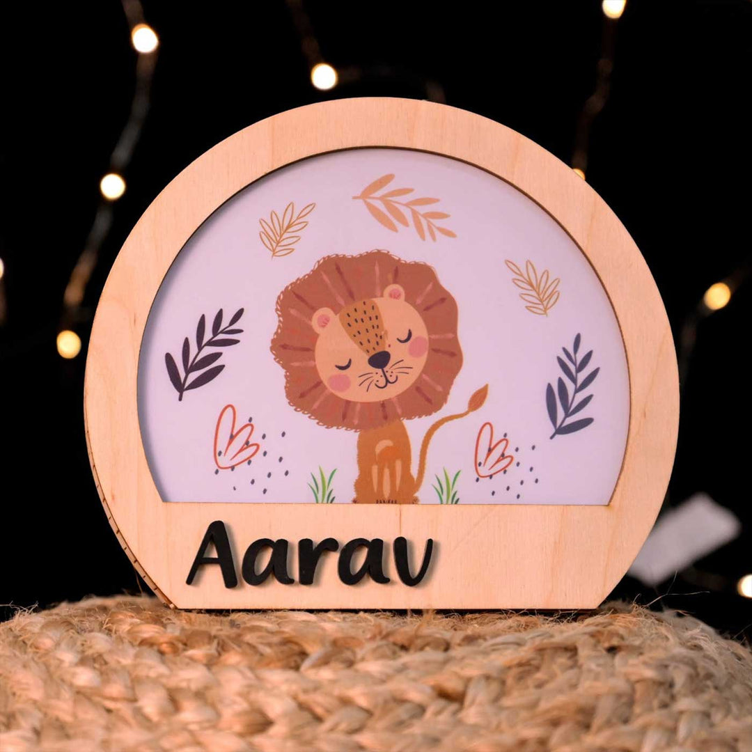 Personalized Lion Theme Wooden Table Lamp With 3D Letters