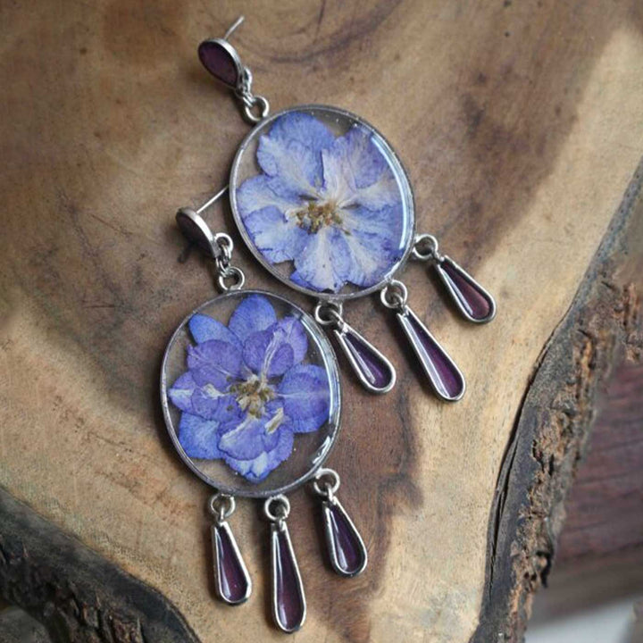 Handmade Preserved Flower Purple Delphinium Chandelier Brass Earrings