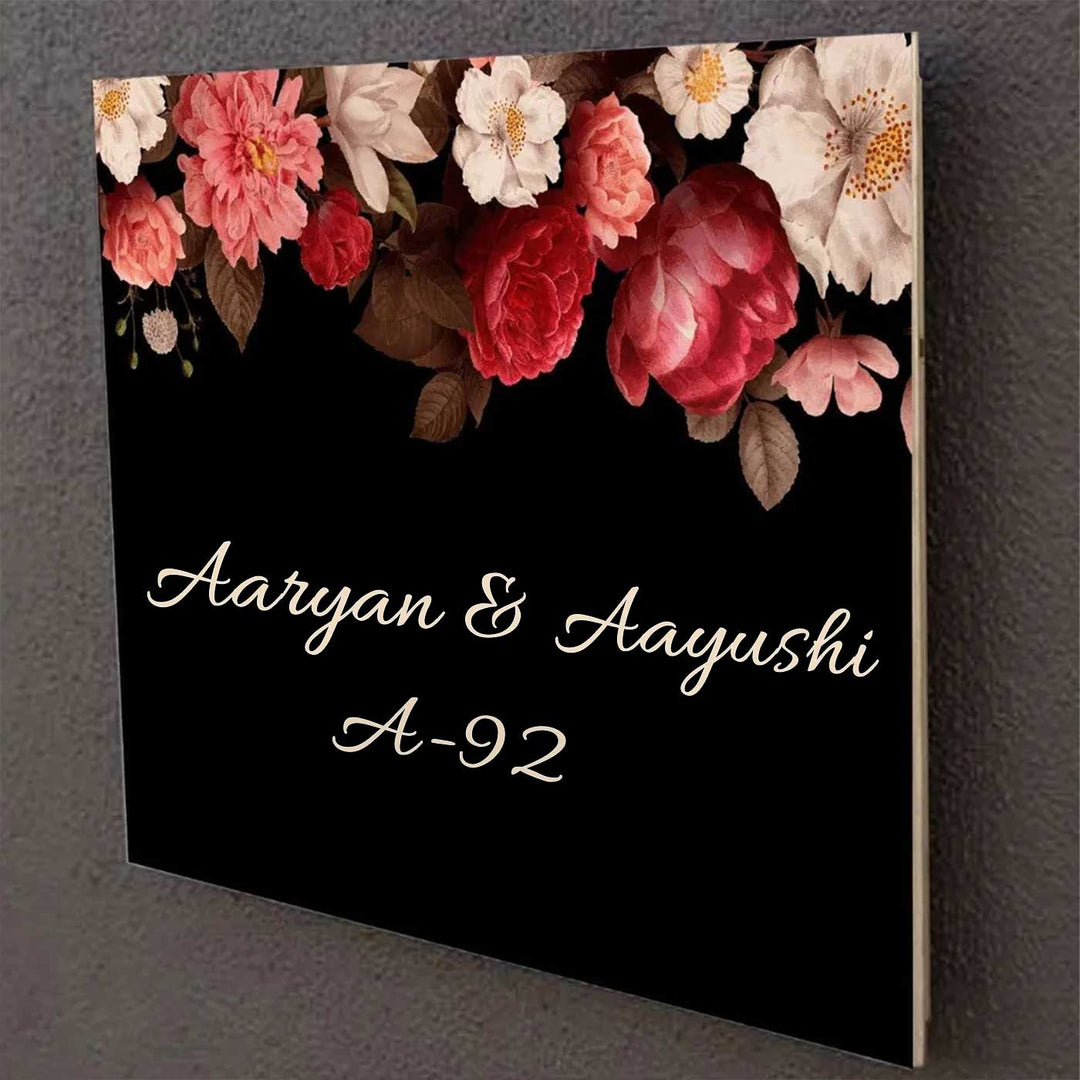 Printed Black Floral Wooden Rectangle Nameplate