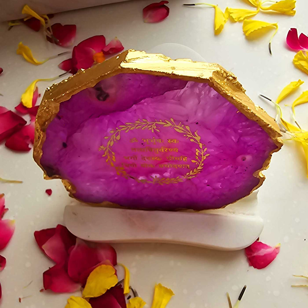 Handmade Pink Gayatri Mantra Agate Decor With Marble Tea Light Holder