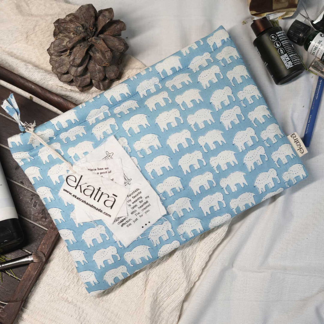 Handcrafted Fabric Blue Elephant Utility Pouch