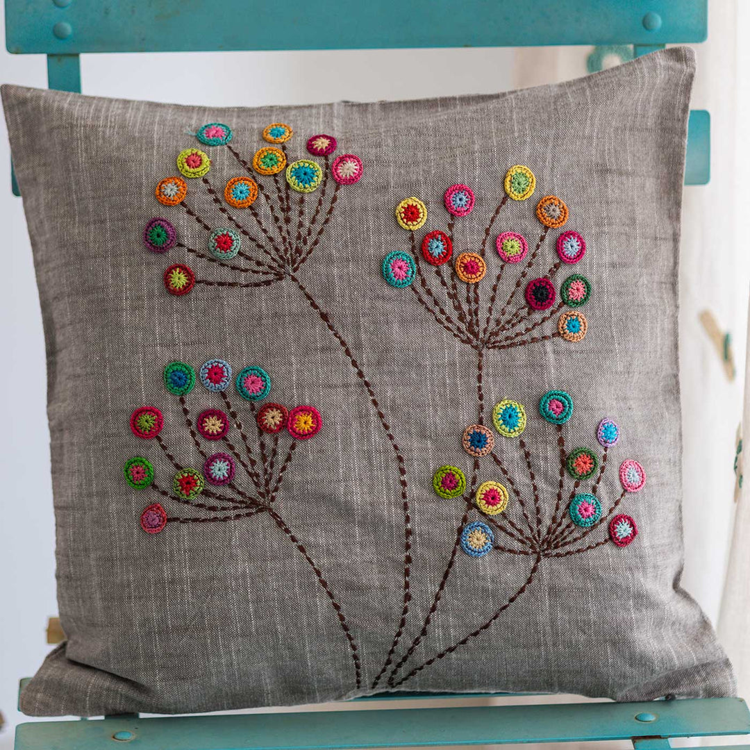 Handmade Prakriti Grey Blossom Cushion Cover | 16 inch