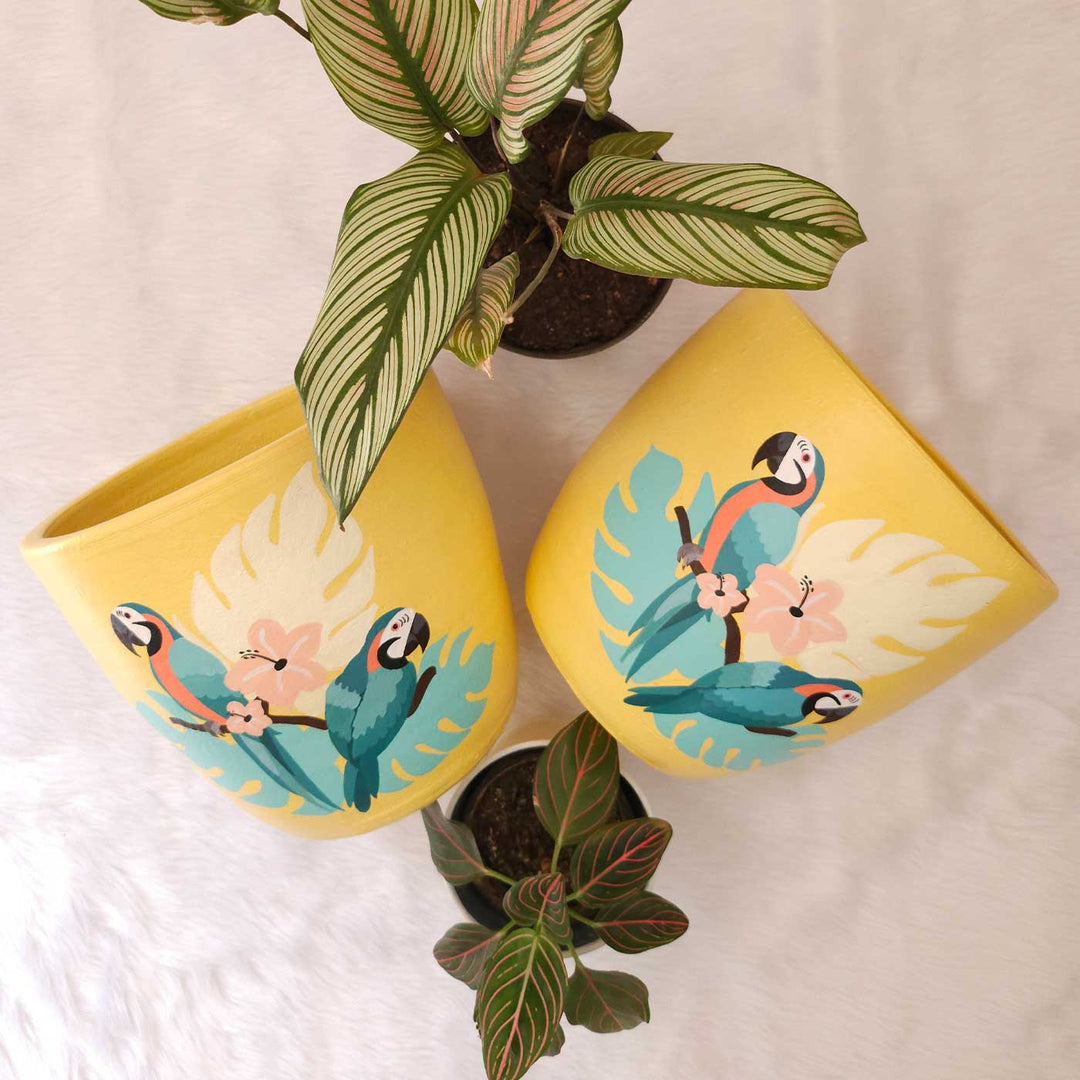 Hand-Painted Yellow Tropical Parrot Terracotta Planter Pot