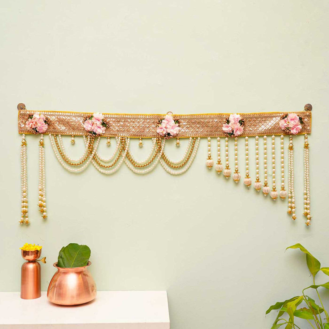 Handmade Gold And White Moti Toran With Pink Flowers