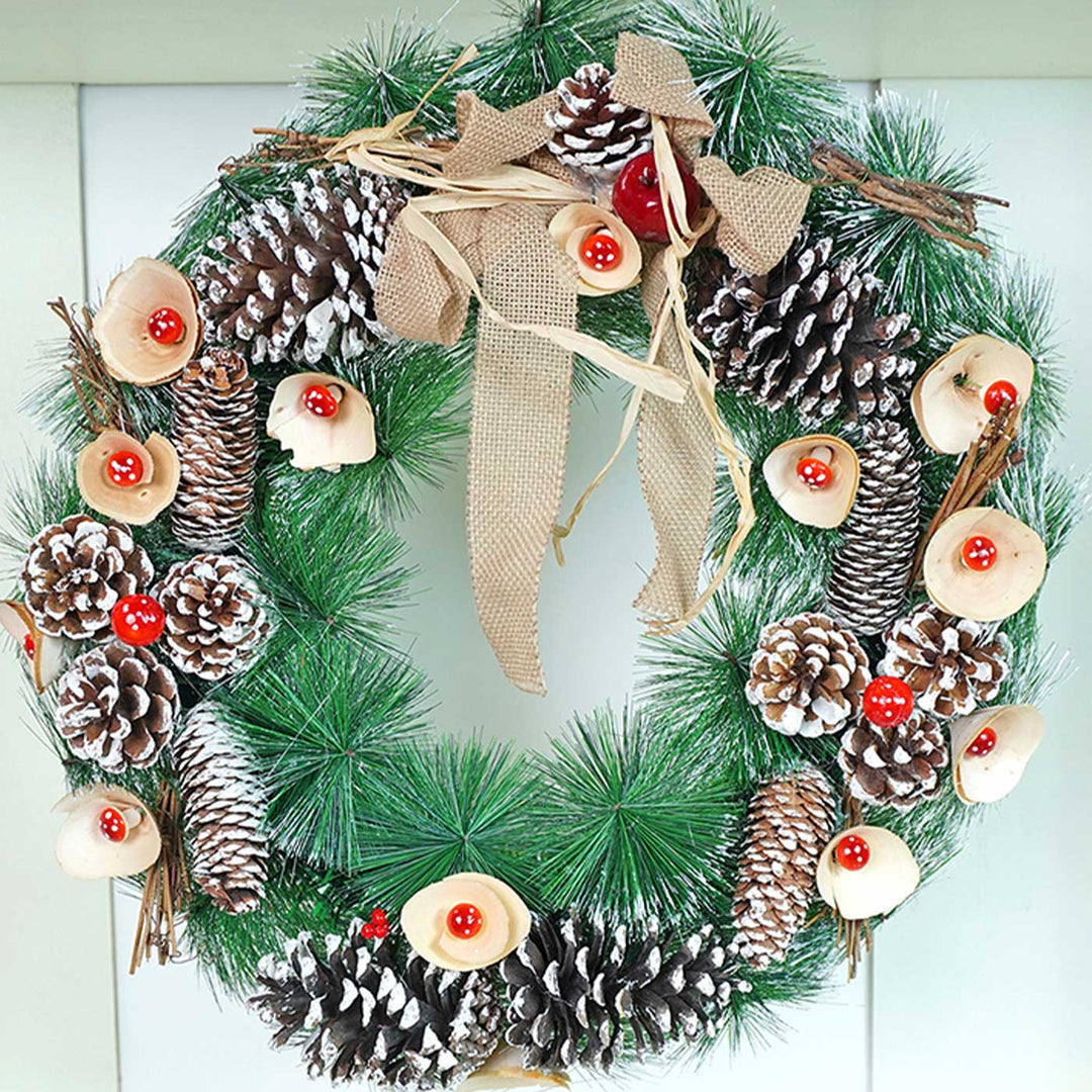 Mushroom Buds & Bushy Frosty Pinecone Wreath For Christmas Wall Decoration