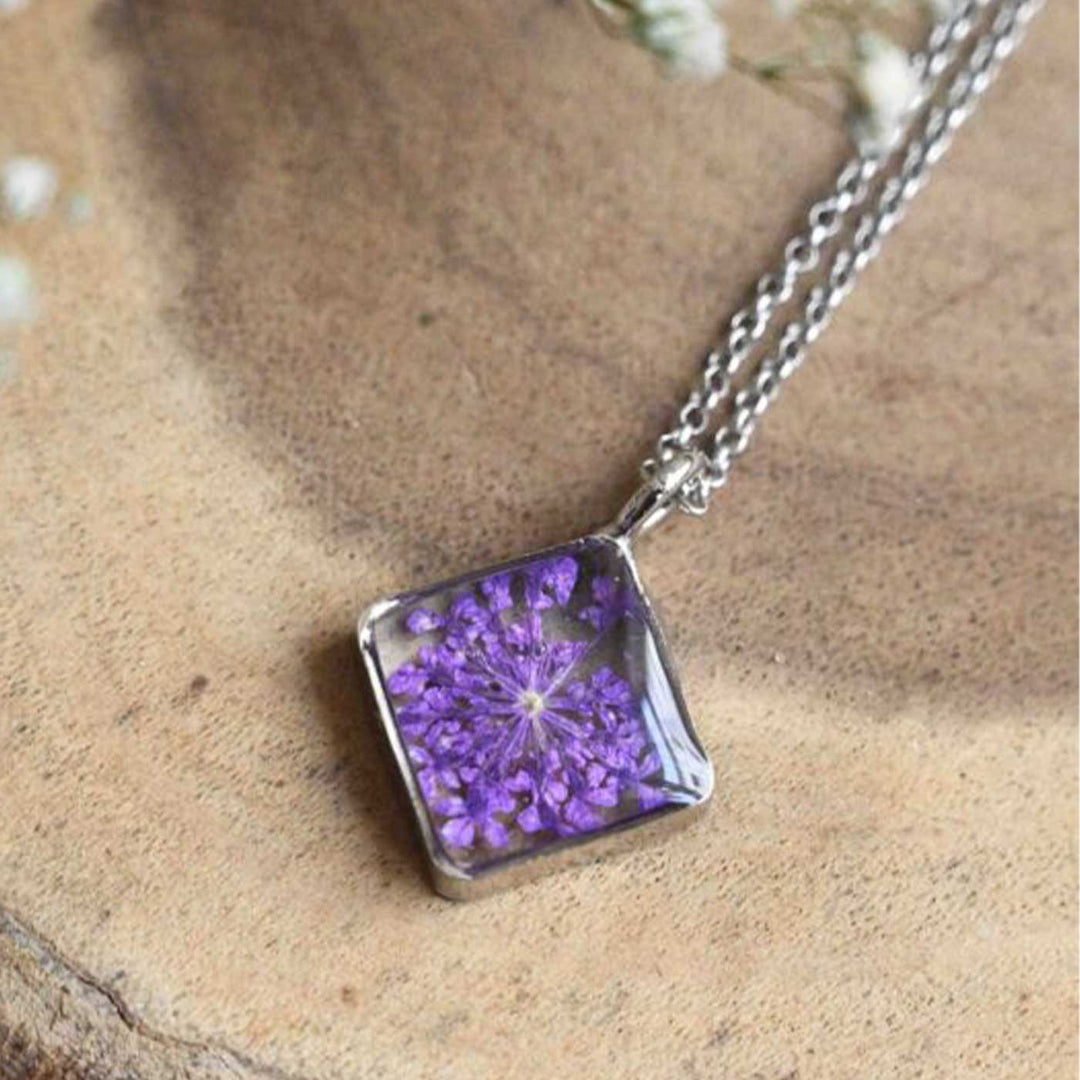 Handmade Preserved Flower Royal Amethyst Brass Necklace