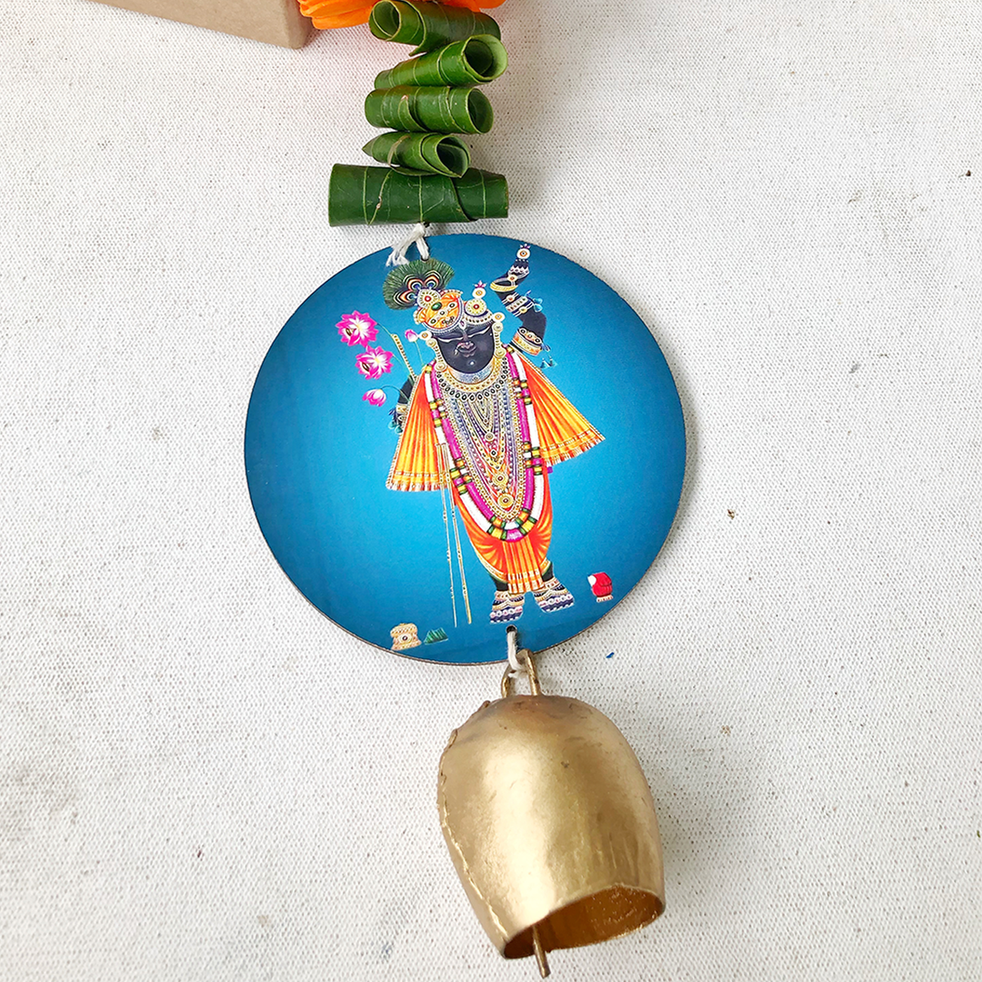 Handmade Divine Blue Krishna With Shola Flowers Wooden Hanging