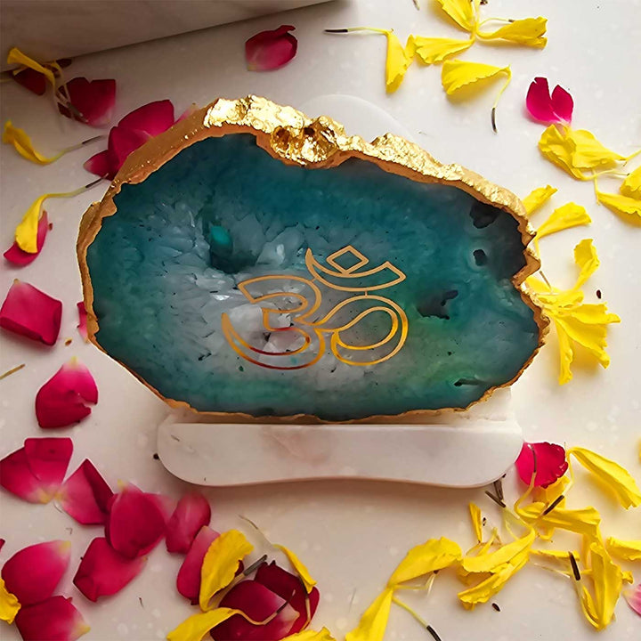 Handmade Green Om Agate Decor With Marble Tea Light Holder