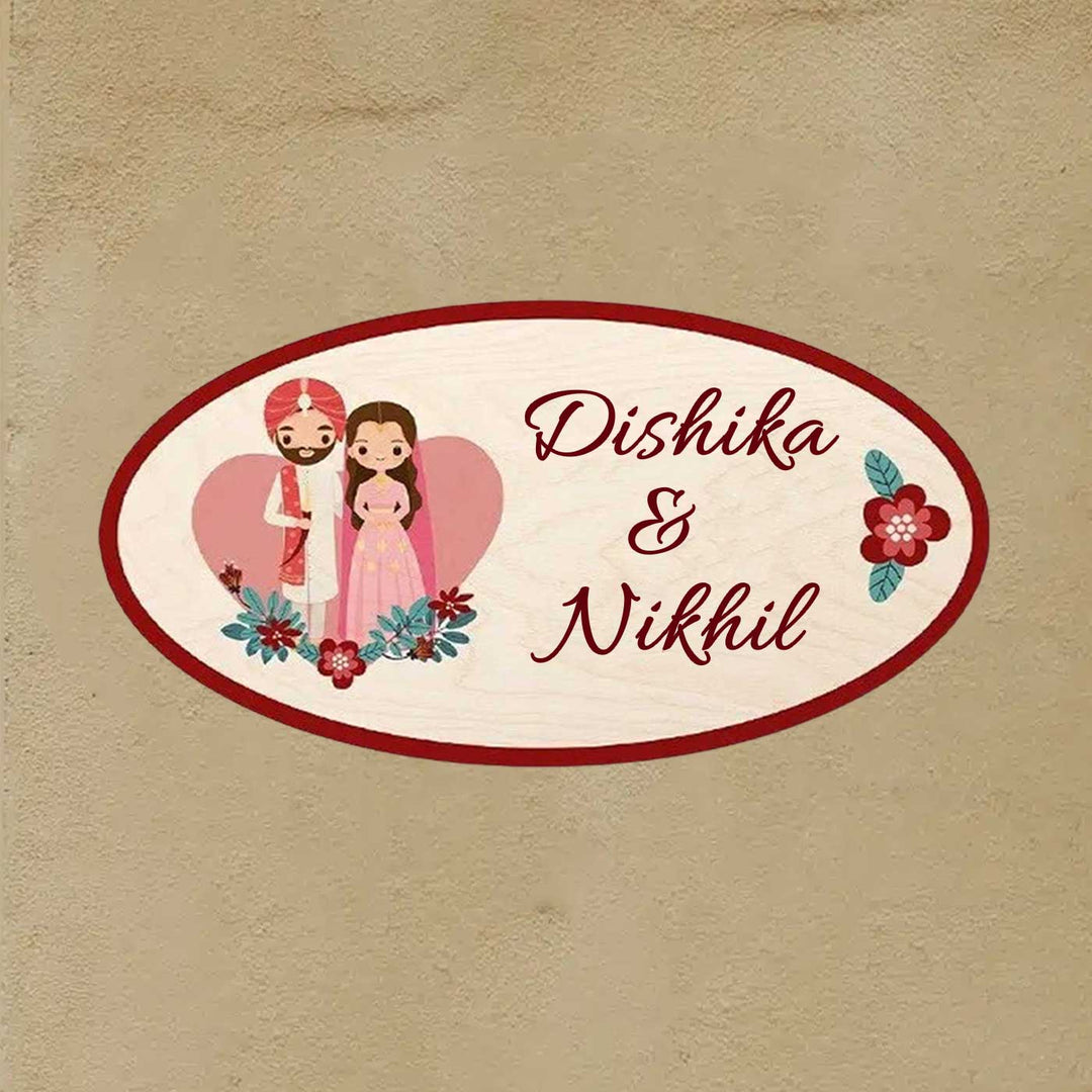 Printed Wooden Oval Sikh Couple Nameplate For Couples