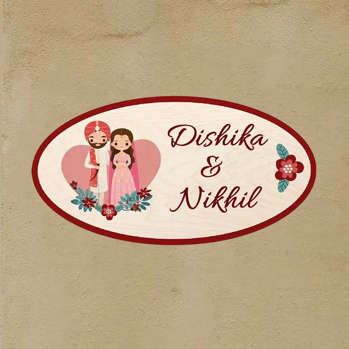 Printed Wooden Oval Sikh Couple Nameplate For Couples