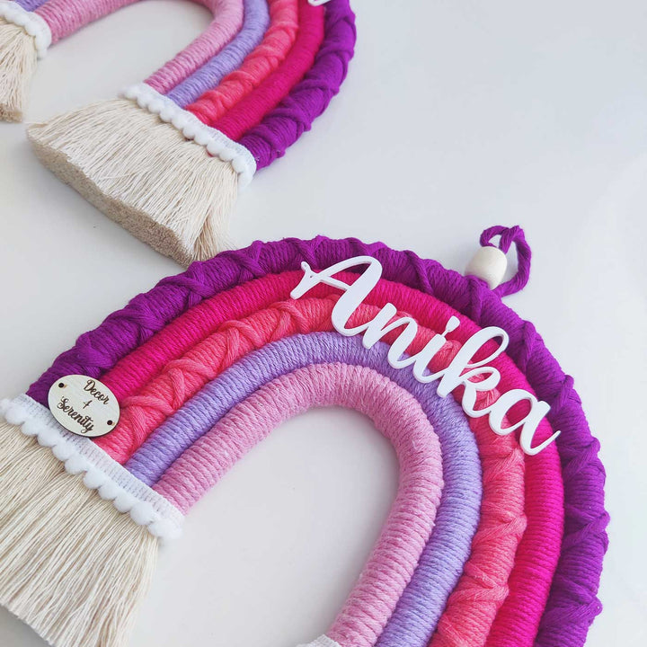 Personalized Handmade Macrame Purple & Pink Rainbow Kids Name Plate With 3D Letters