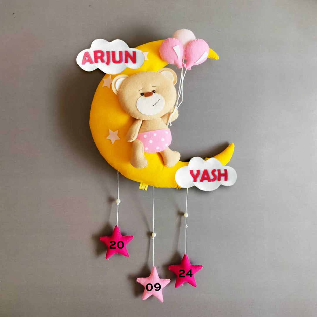 Hand-stitched Teddy Themed Felt Moon Nameplate with Birthdate For Kids