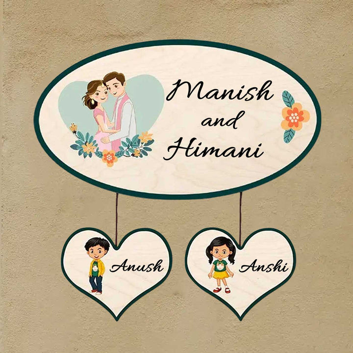 Printed Wooden Oval Character Nameplate For Family & Couples