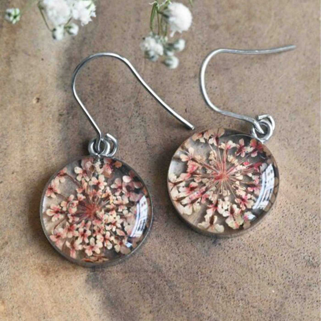 Handmade Preserved Flower Dainty Coral Brass Earrings