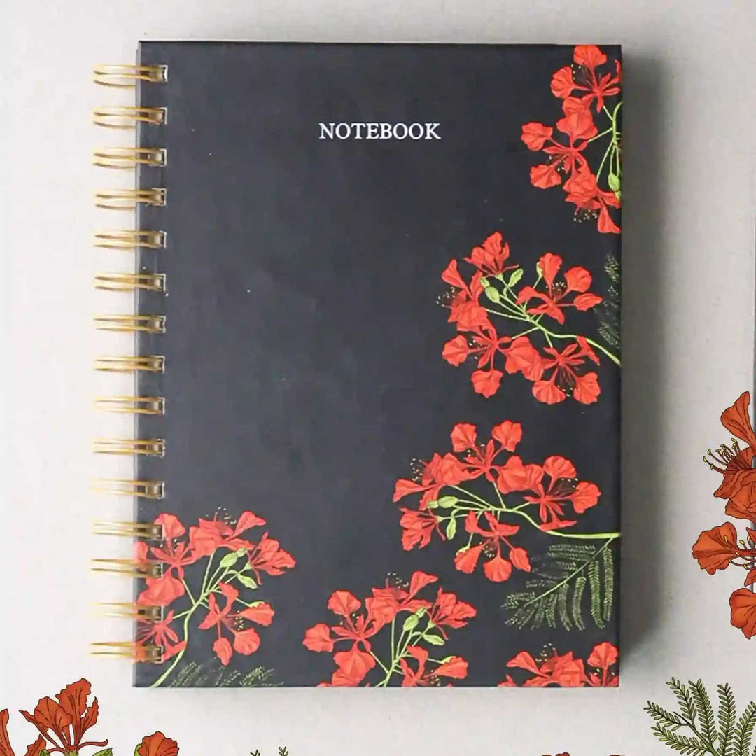 Handmade Gulmohar Black Spiral Notebook and Notepad Set | 80 Pages