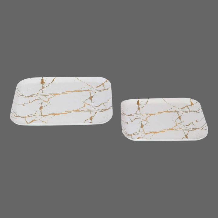 Handmade White & Gold Square Metal Platter | Set Of 2