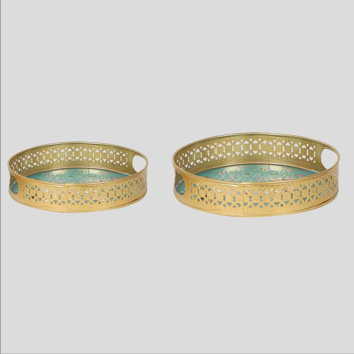 Handmade Round Green Pichwai Tray | Set Of 2