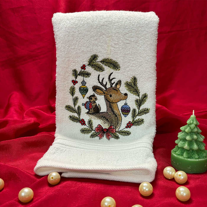 Personalized Deer & Chipmunk Embroidered Cotton Hand Towel | Xmas Gifting Ideas