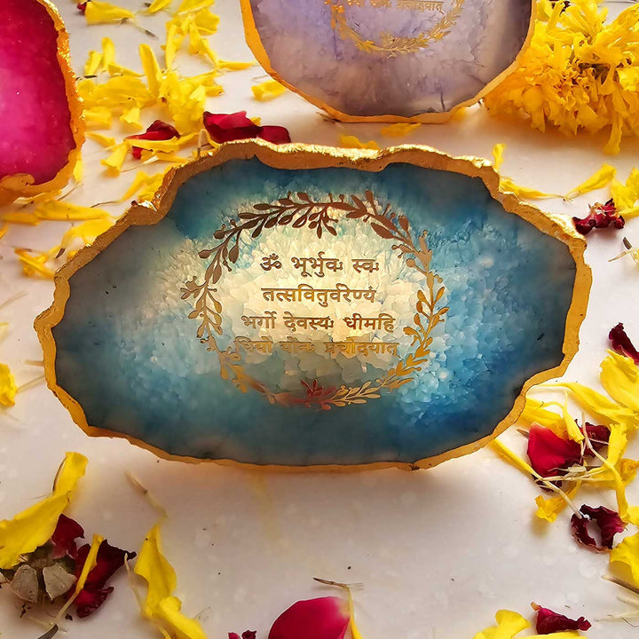 Handmade Turquoise Gayatri Mantra Agate Stone Tea Light Holder