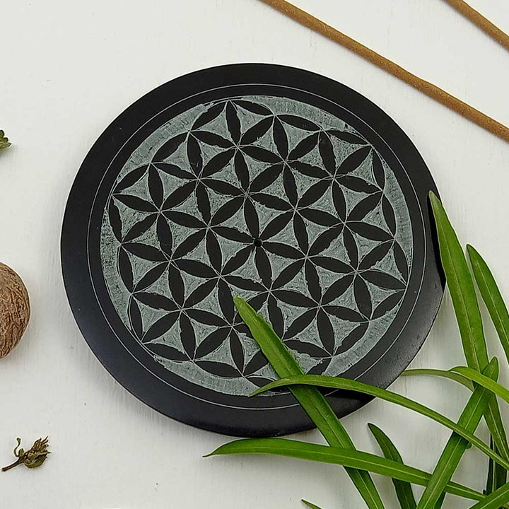 Handmade Black Faiza Flowers Of Life Soapstone Incense Stick Holder | Set of 2