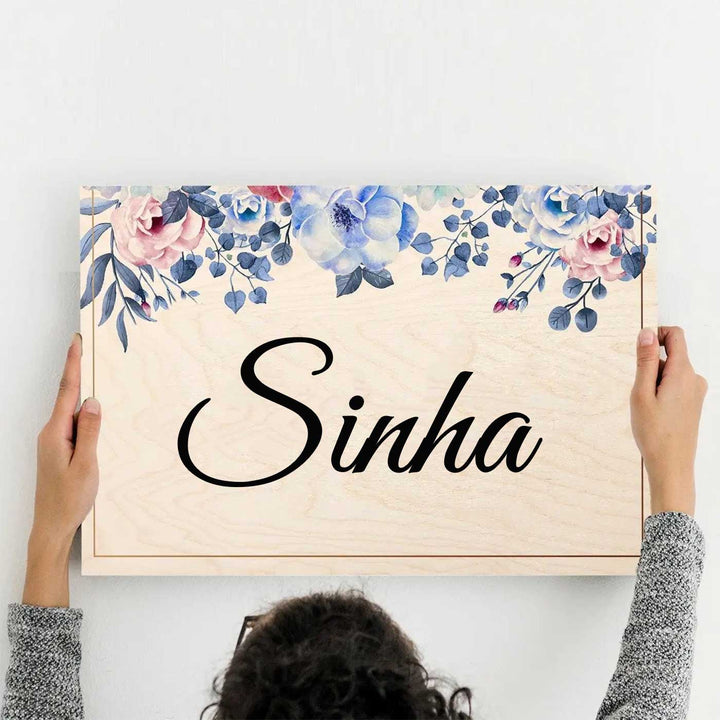 Printed Blue Spring Floral Wooden Rectangle Nameplate