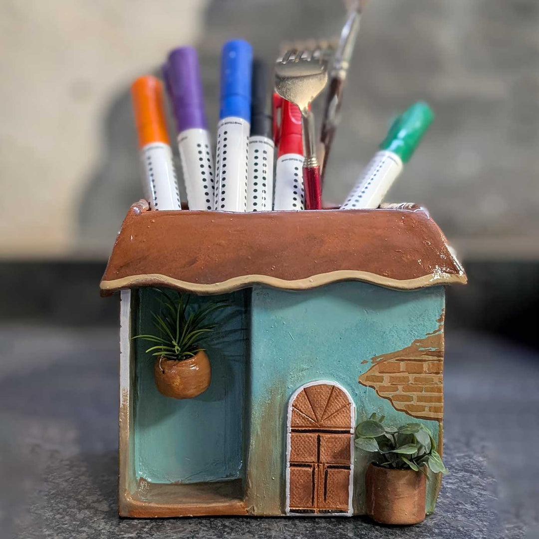 Personalized Hand-Painted House Shaped Terracotta Pen Holder