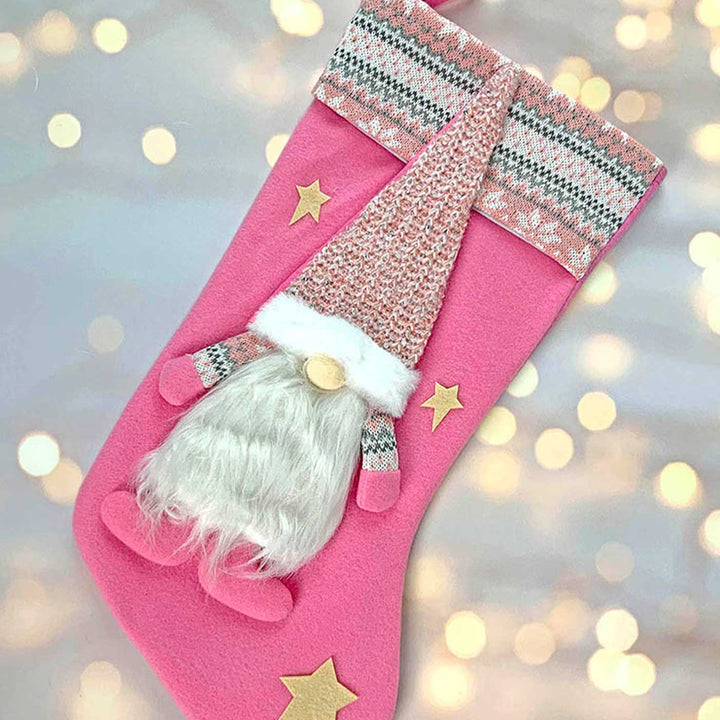 Handmade Pink Gnome Woolen Stockings For Christmas Decoration