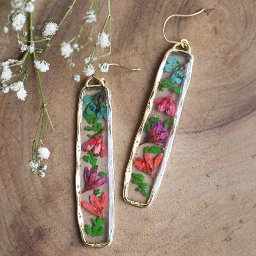 Handmade Preserved Flower Long Tube Wildflower Gold Brass Earrings