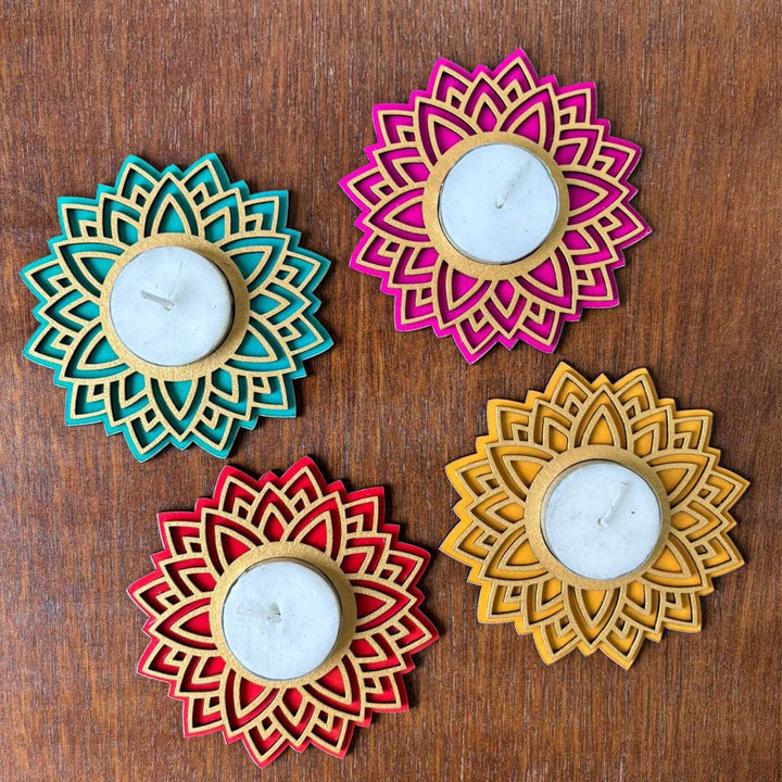 Handmade The Hamsa Flower Mdf Wood Tealight Holder | Set Of 5