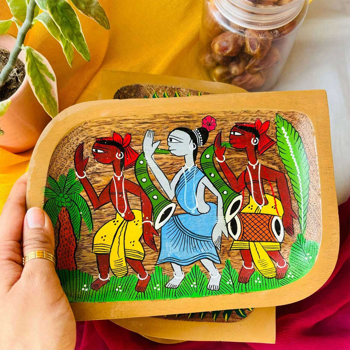 Hand-Painted Pattachitra Raag Rectangle Wooden Platter