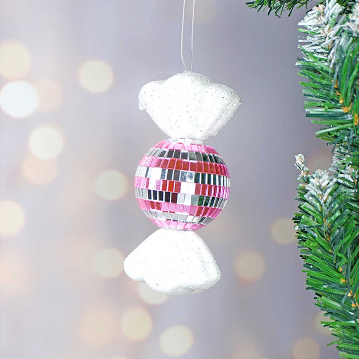 Handmade Pink Shiny Disco Themed Candy Shaped Ornaments For Christmas Tree Decoration | Set Of 2