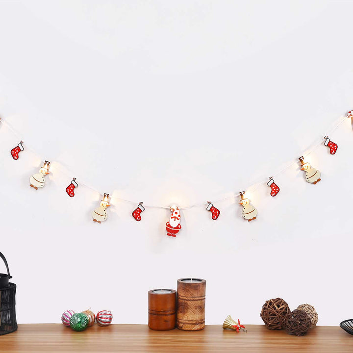 Decorative Pine Wood Snowman & Santa Fairy Light