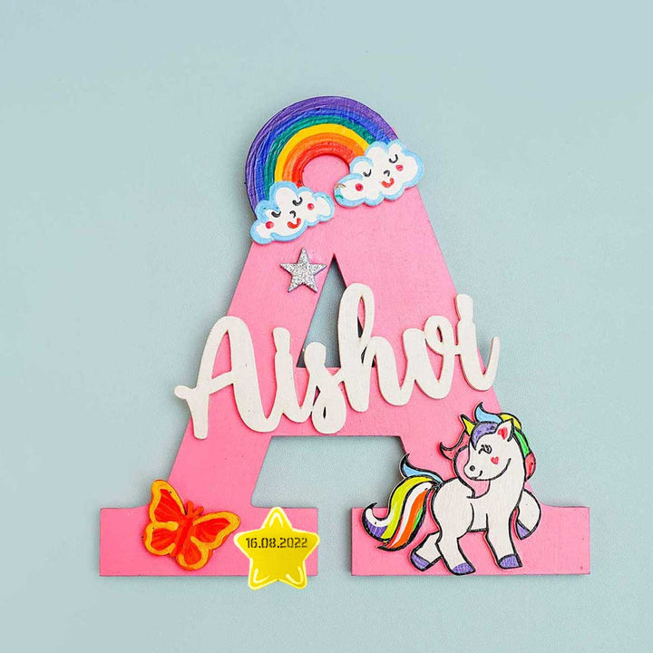 Hand Painted Personalised Kids Unicorn & Rainbow Themed Monogram Nameplate